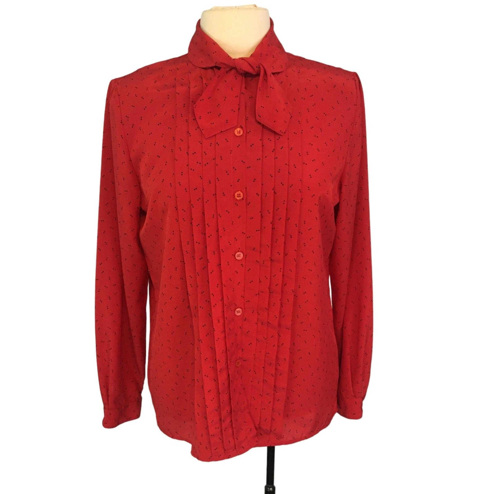 Jones New York Vintage Red Secretary Blouse, Pleated front, Bow, Long Sleeve 10