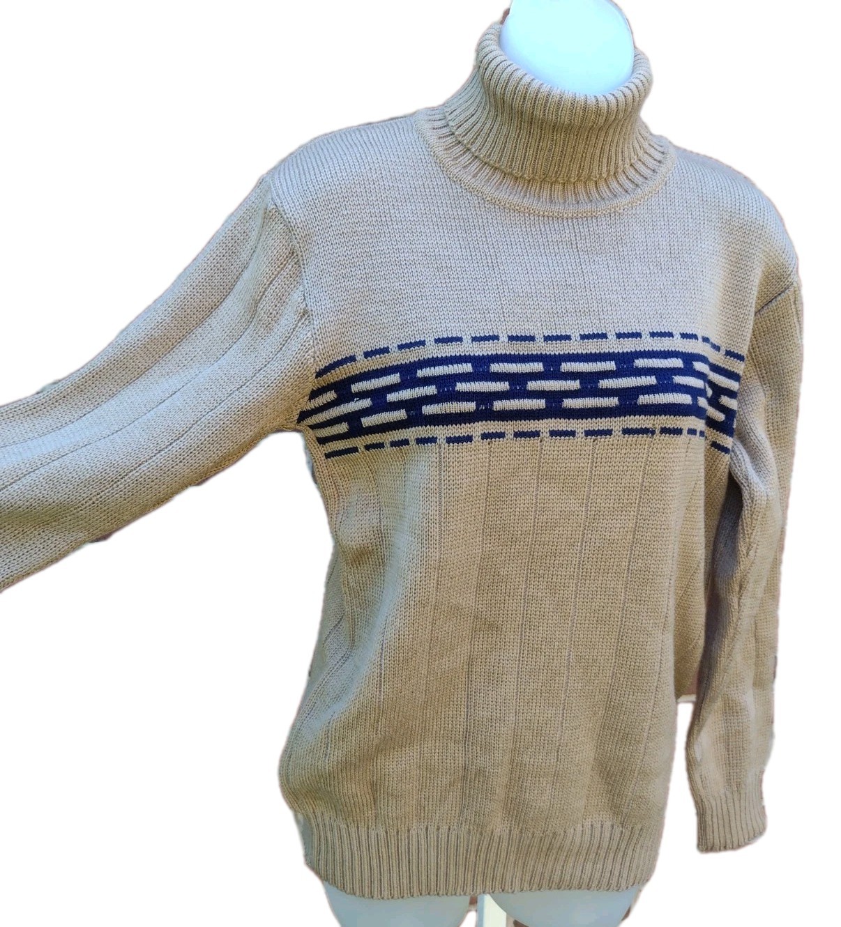 Vintage Tan Navy Turtleneck Sweater Acrylic Blend Ribbed Knit Women M/LSki