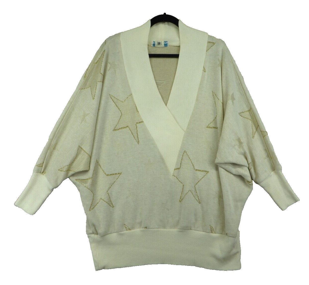 Vintage Kelli Kaye 80’s Women’s Ivory Gold Star Batwing Sweater Size 16