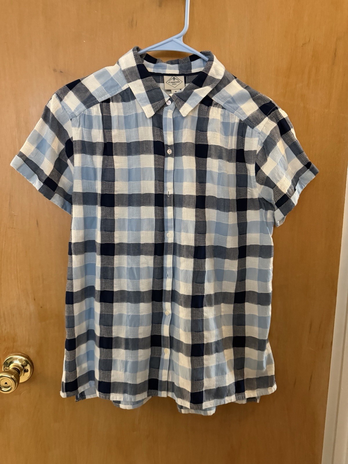 St. John’s Bay Blue Plaid Button-Up Shirt Medium 100% Cotton