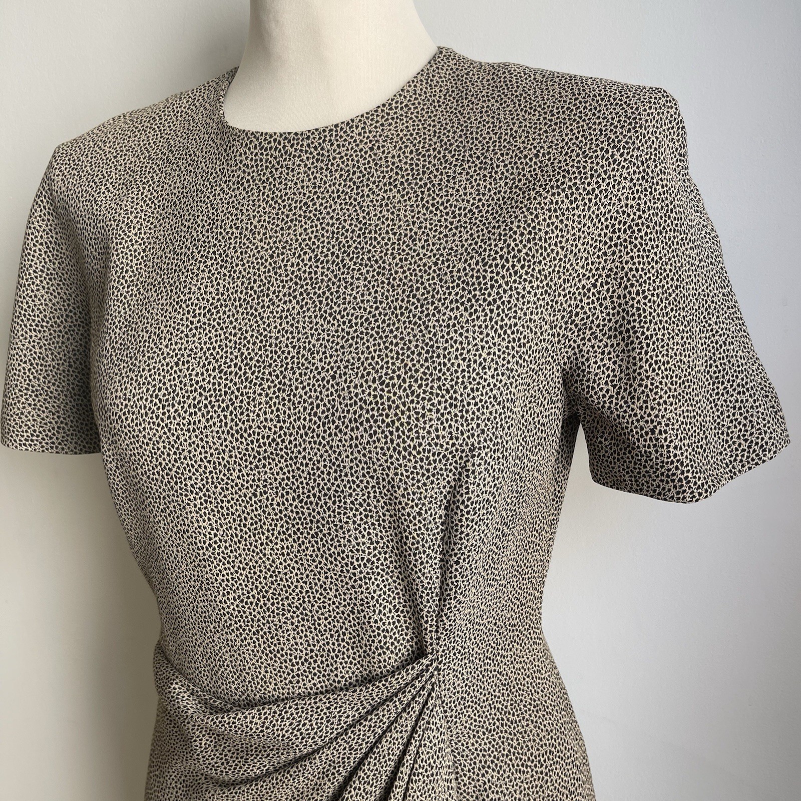 Vintage 80s Tahari Faux Wrap Dress Midi Beige Black Short Sleeve Made USA Size 6
