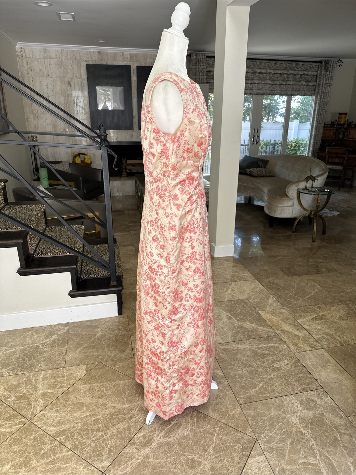 Vintage 60s Cream Satin & Pink Velvet Flocking Evening Gown With Jacket Size 6