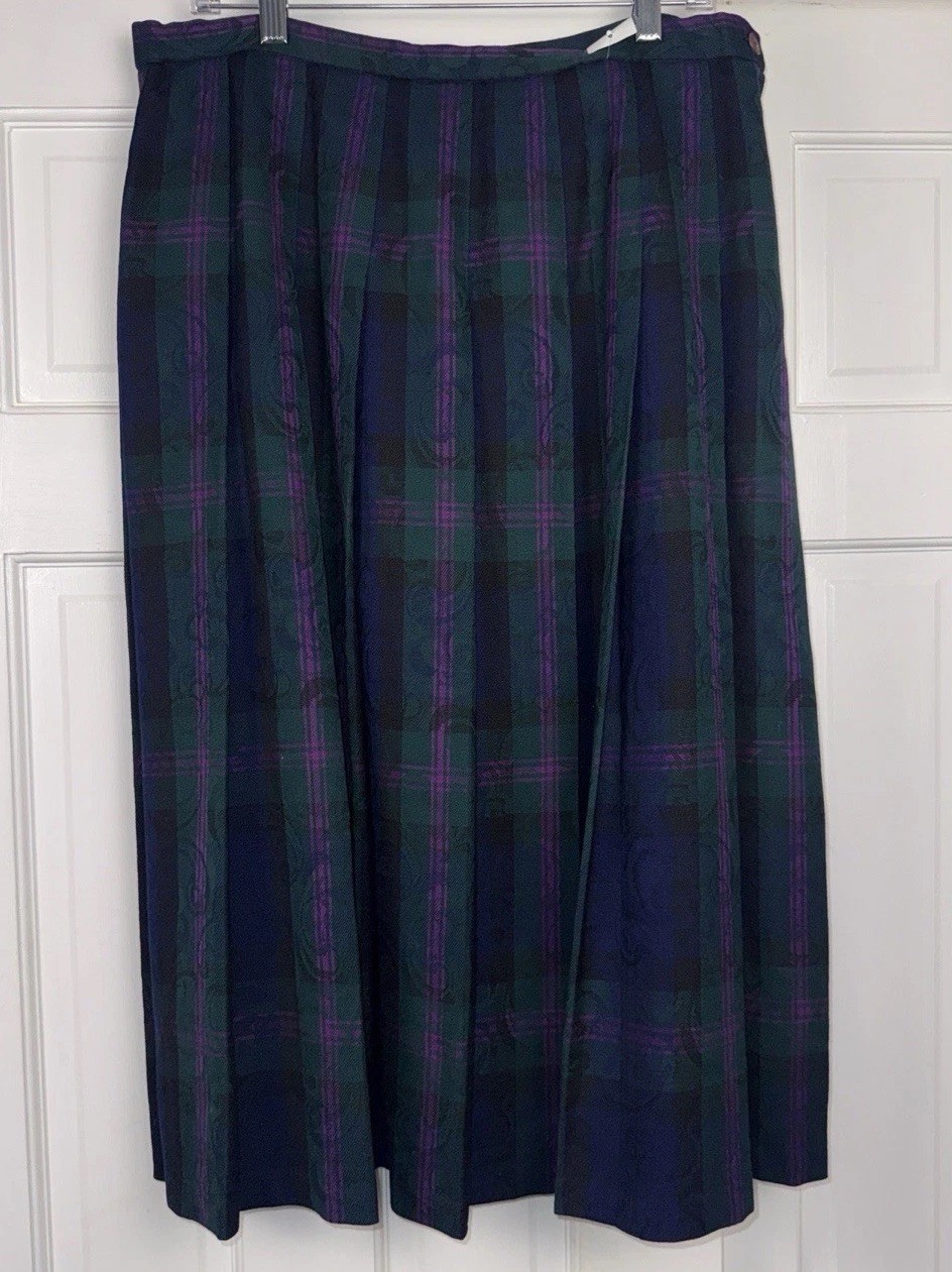VTG Pendleton Wool Tartan Plaid Skirt Pleated Navy Pink Green Size 16 Timeless