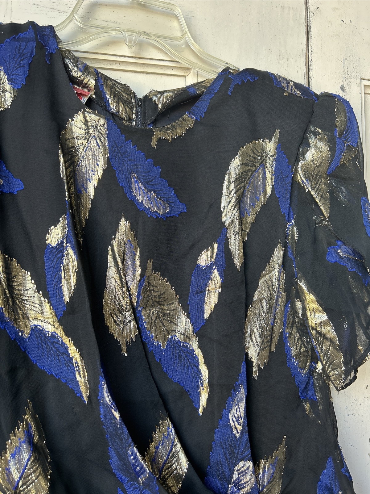 Vintage Women’s Dress Black Blue And Gold Leaves RetroSize 7/8 ILGWU Dry Clean