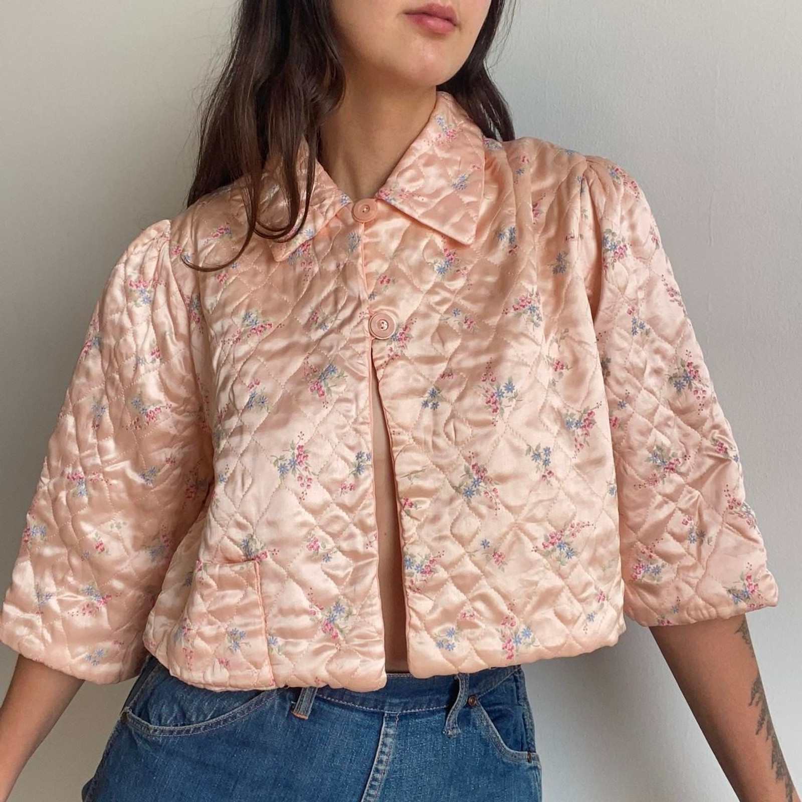 1950s/1960s nylon satin floral quilted bed jacket