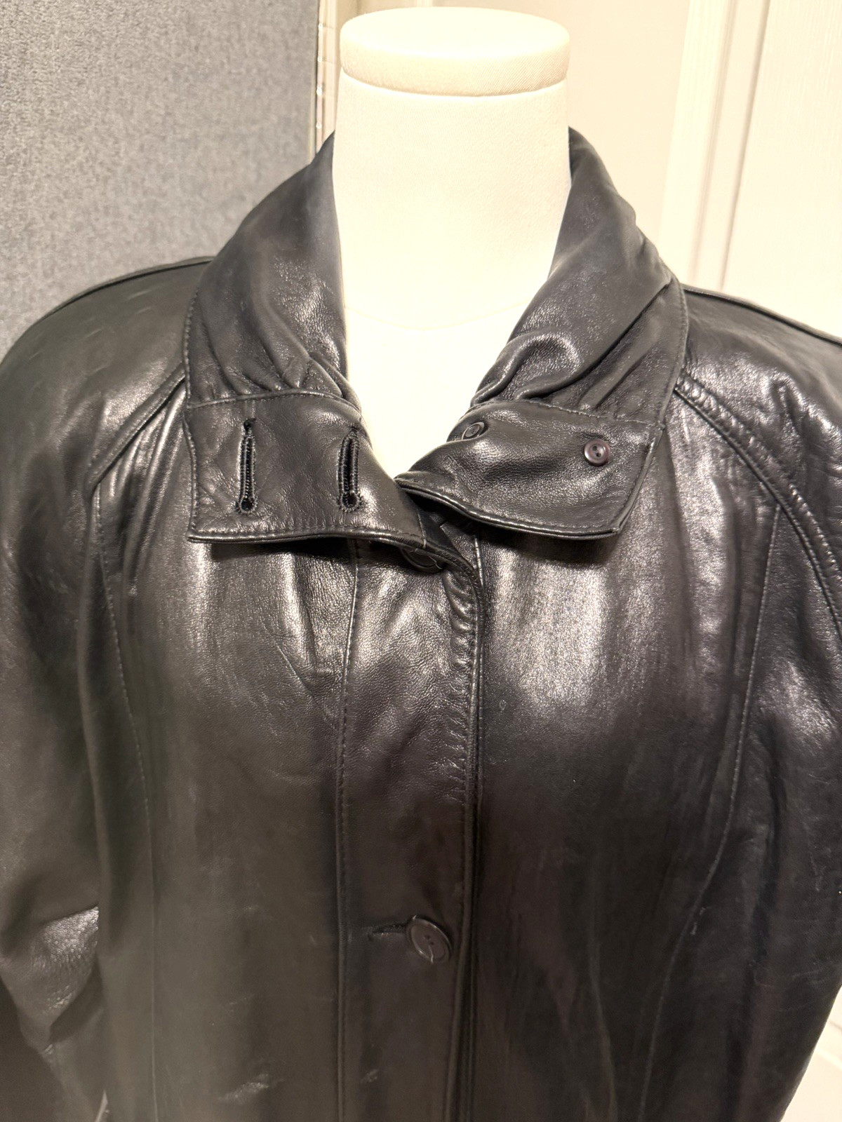 PELLE Black Leather Lined Trench Coat Size Medium Vintage 1980s