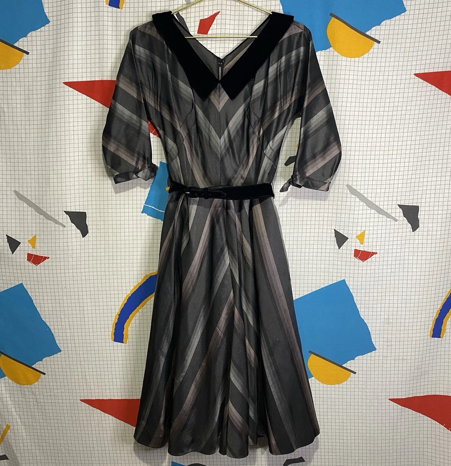 Vintage 40s 50s R&K Chevron Dress Velvet Stripe M Ombré Rockabilly Lurex Taffeta