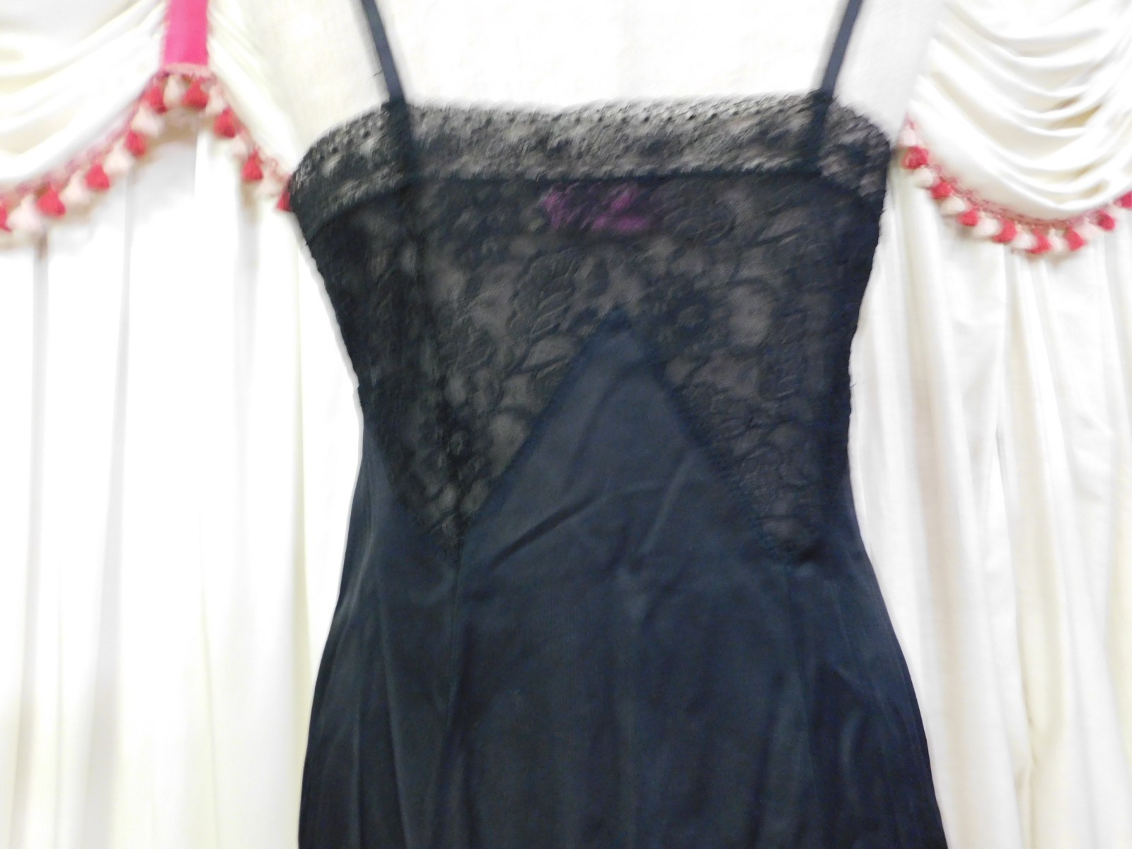 Vintage MISS YOUTH FORMS Silky Lacey Full Slip Black Size 34 29″ Waist