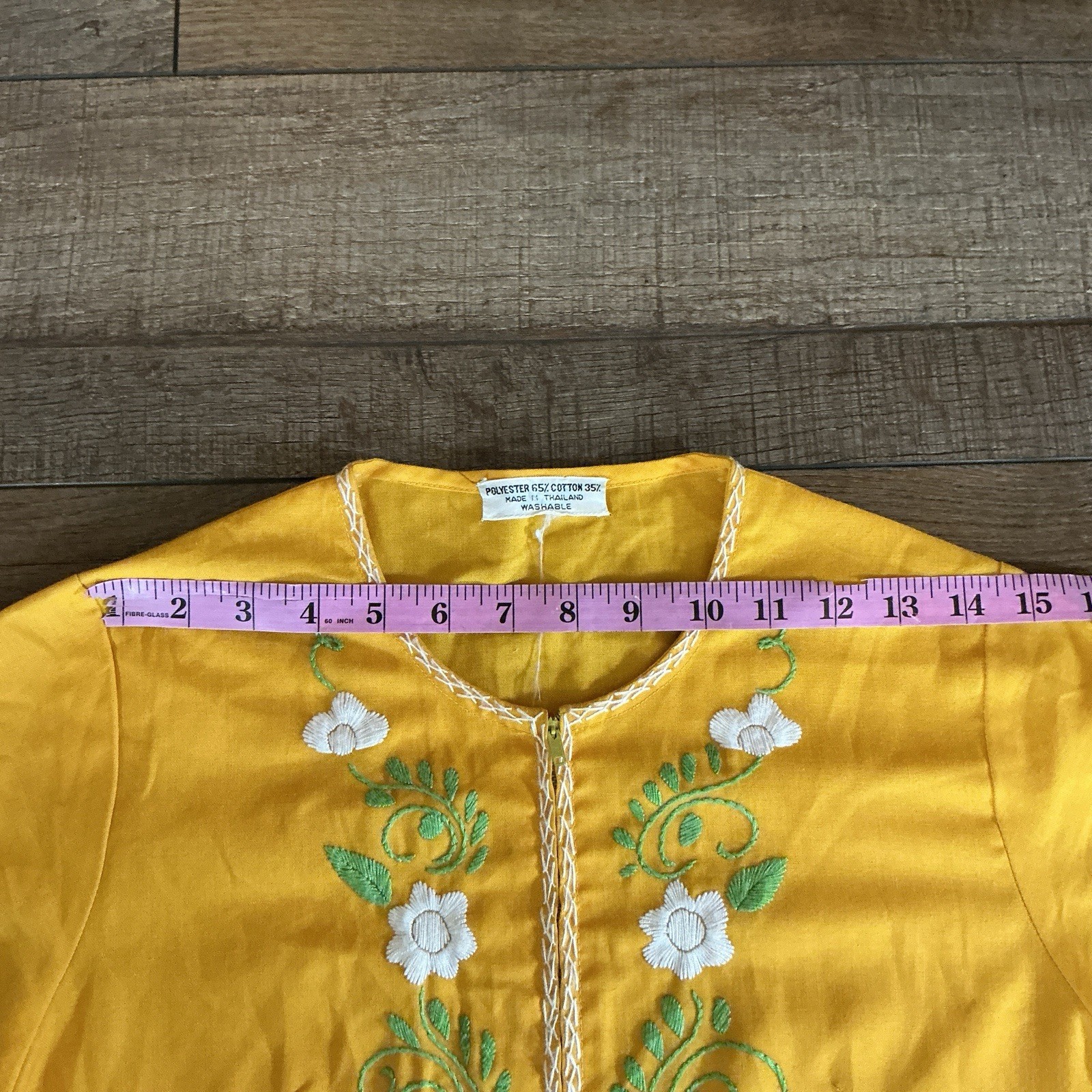 Vtg Yellow Floral Embroidered Maxi Dress Size S Front Zip Caftan Thailand #31F4
