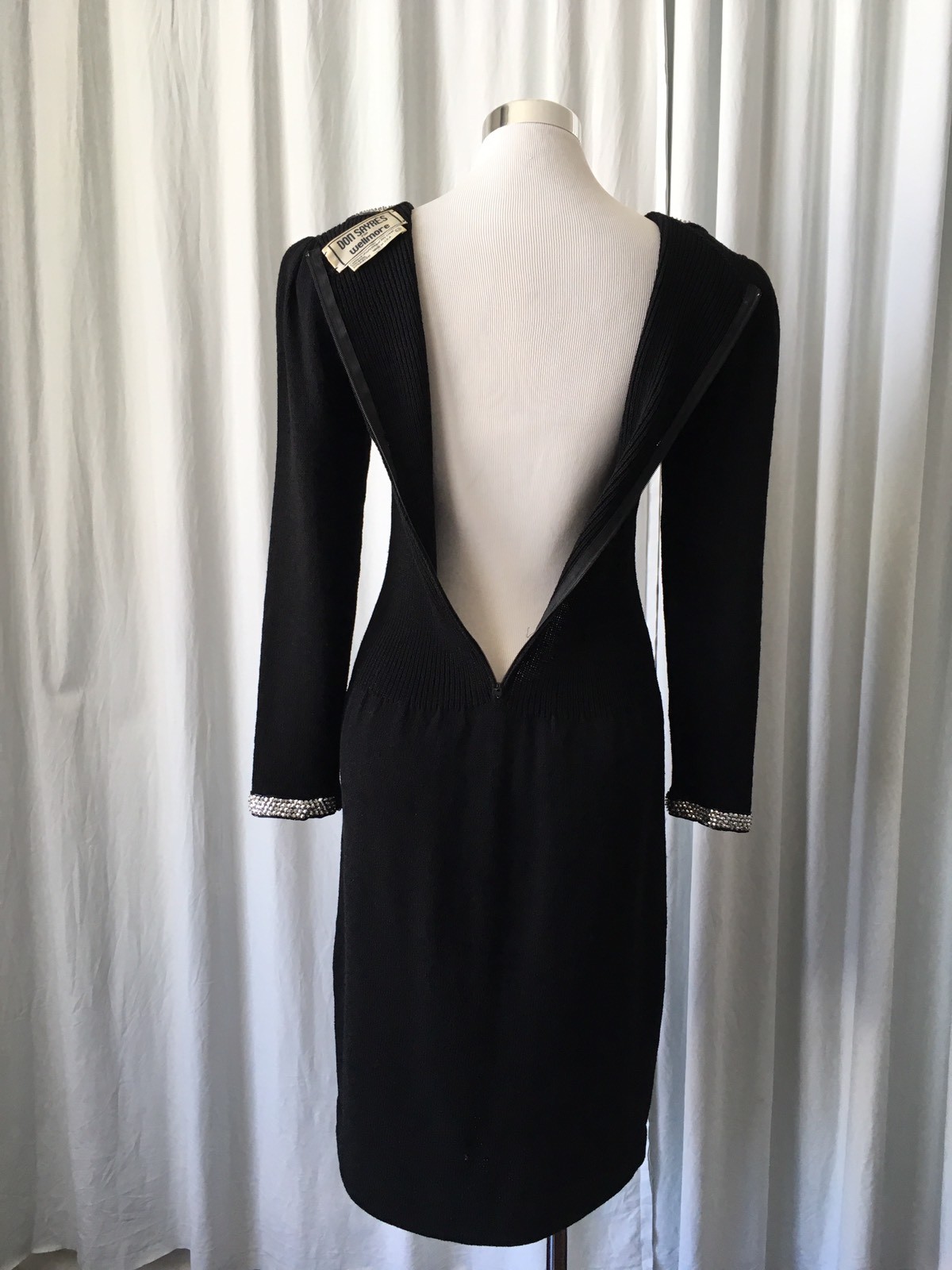 Vintage 70s DON SAYRES Knit black Dress Sequins Bow Bib S/M