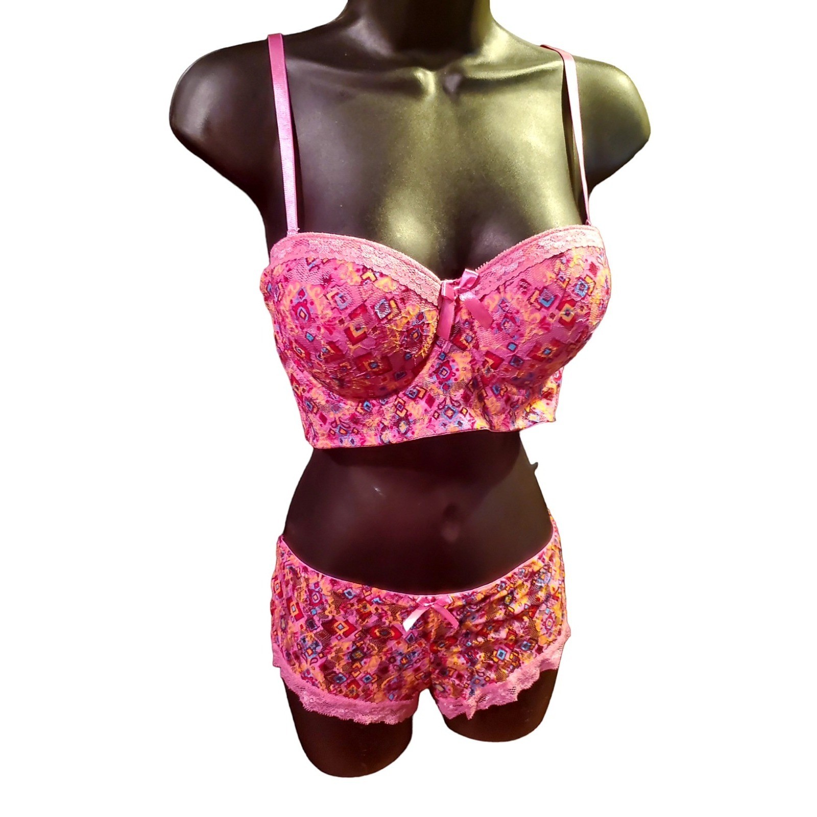 Bra & panties pink”Black Fuchsia”Secret Lace light padding balconette 36C and L