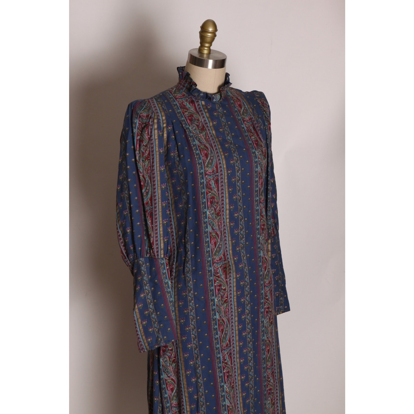 1970s Dark Blue Tan Burgundy Striped Paisley Long Sleeve Dress by Belle France