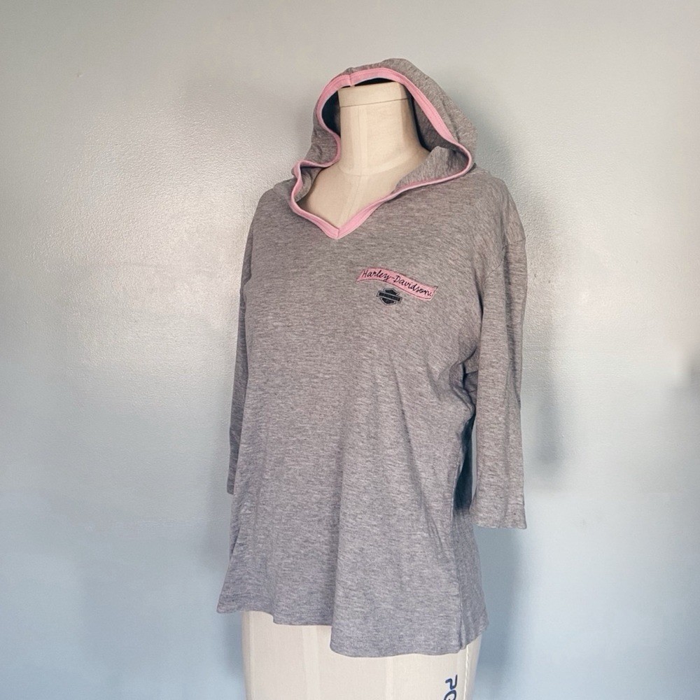 Vintage 00s Harley Davidson Holoubek hooded half sleeve tshirt gray w pink trim