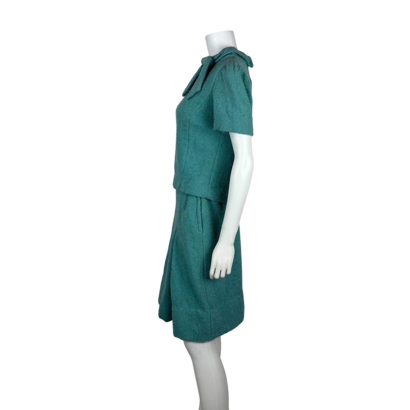 Vintage 60s Blue Suit Set Womens XS Bouclé Top & Skirt Bow Collar Mid-Century