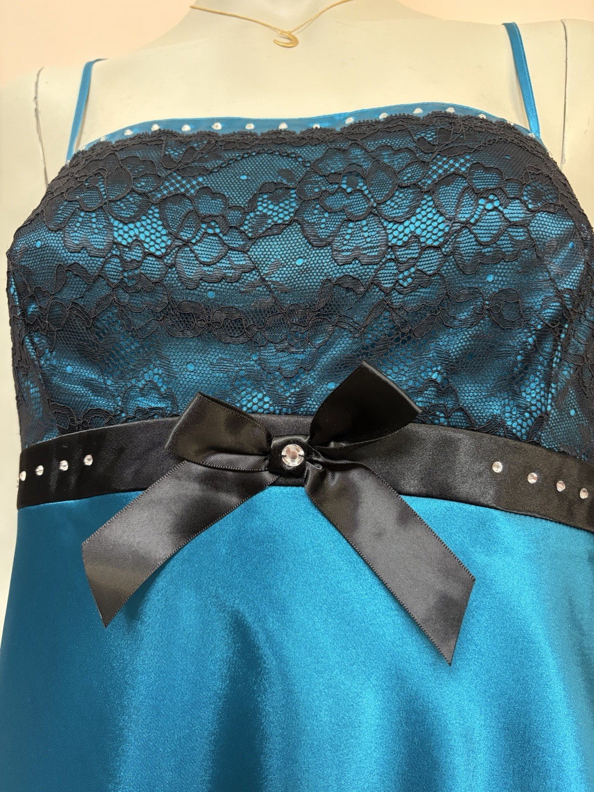 Vintage Y2K Morgan Taylor Teal Rhinestone Bows Satin Lace Slip Dress Chemise L