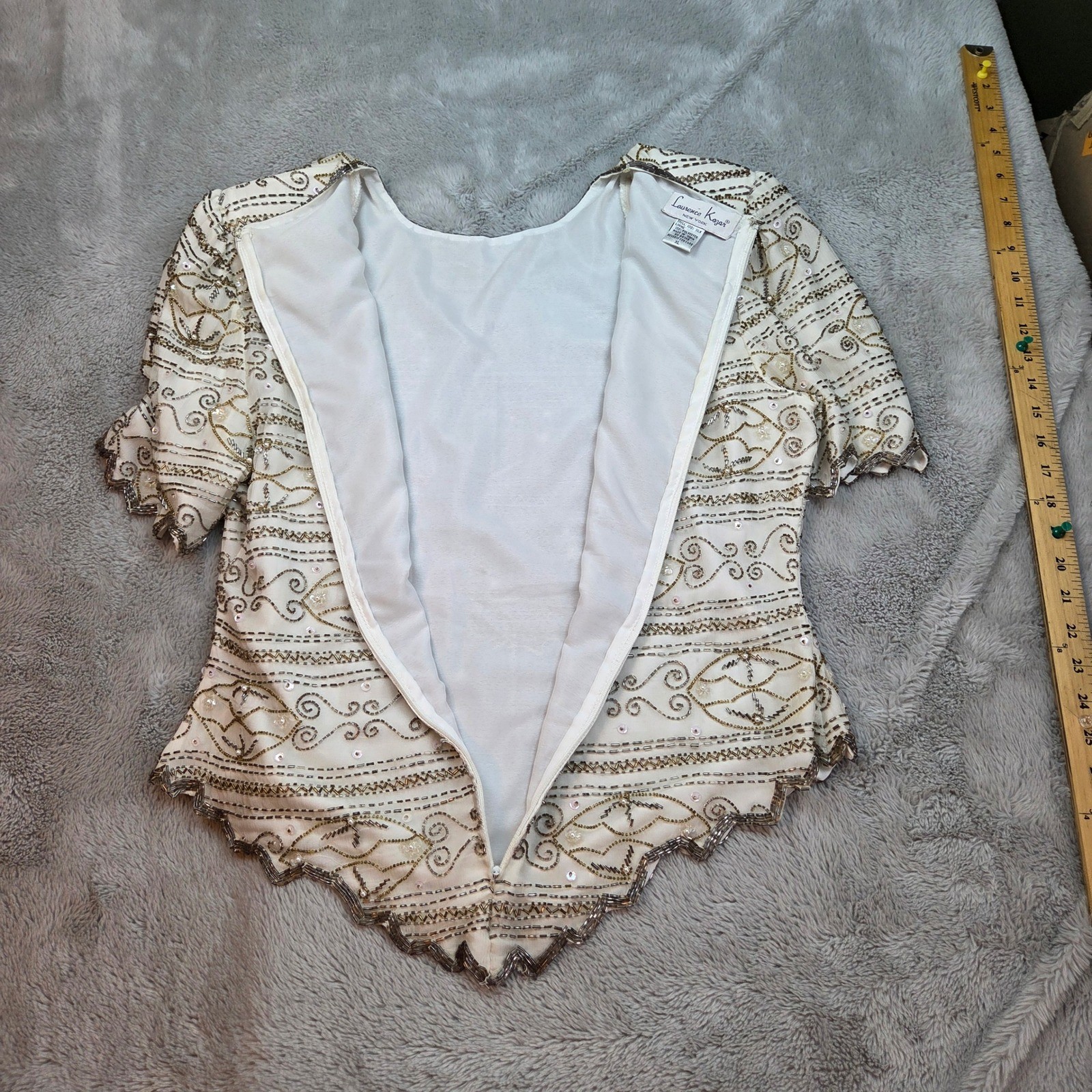 Laurence Kazar Beaded Silk Top Women XL Cream Gold Vintage Evening Scalloped Hem