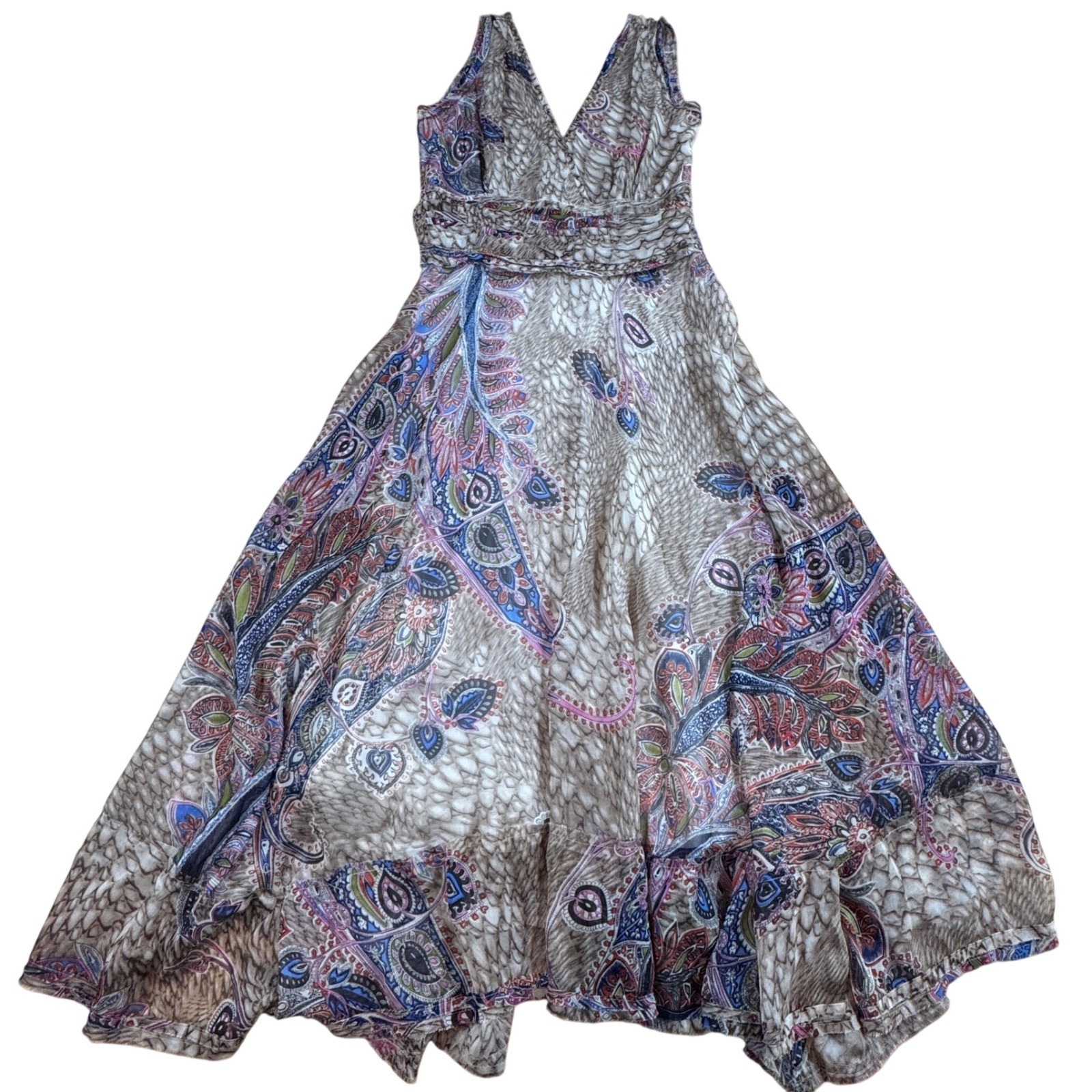 Artisan De Luxe Paisley Feather Print V-Neck Midi Dress S Boho Whimsical Cottage