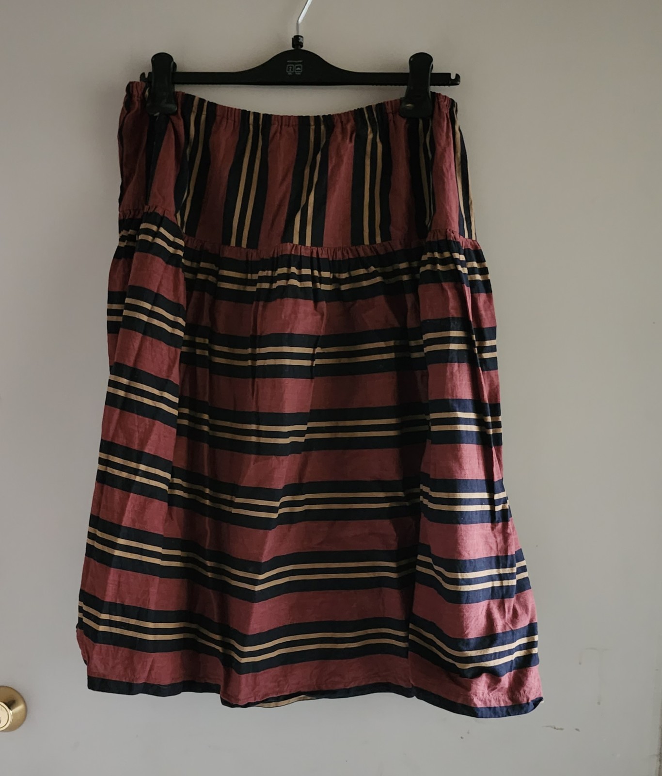 Vintage CHAUS Striped Burgandy Blue Tan Midi Skirt Size 14