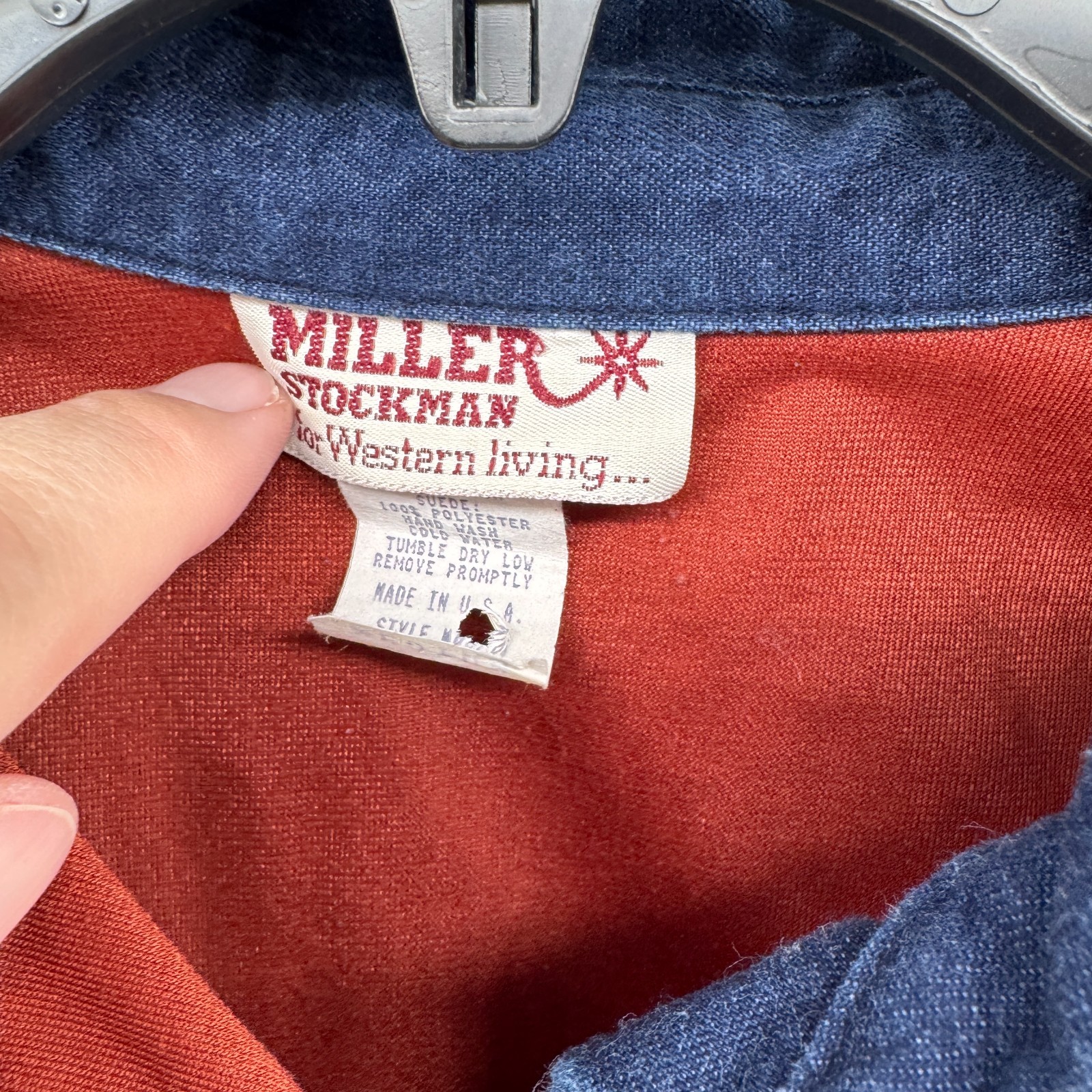 Vintage Miller Stockman Denim Shirt Womens M Blue Red Suede Yoke Cowboy