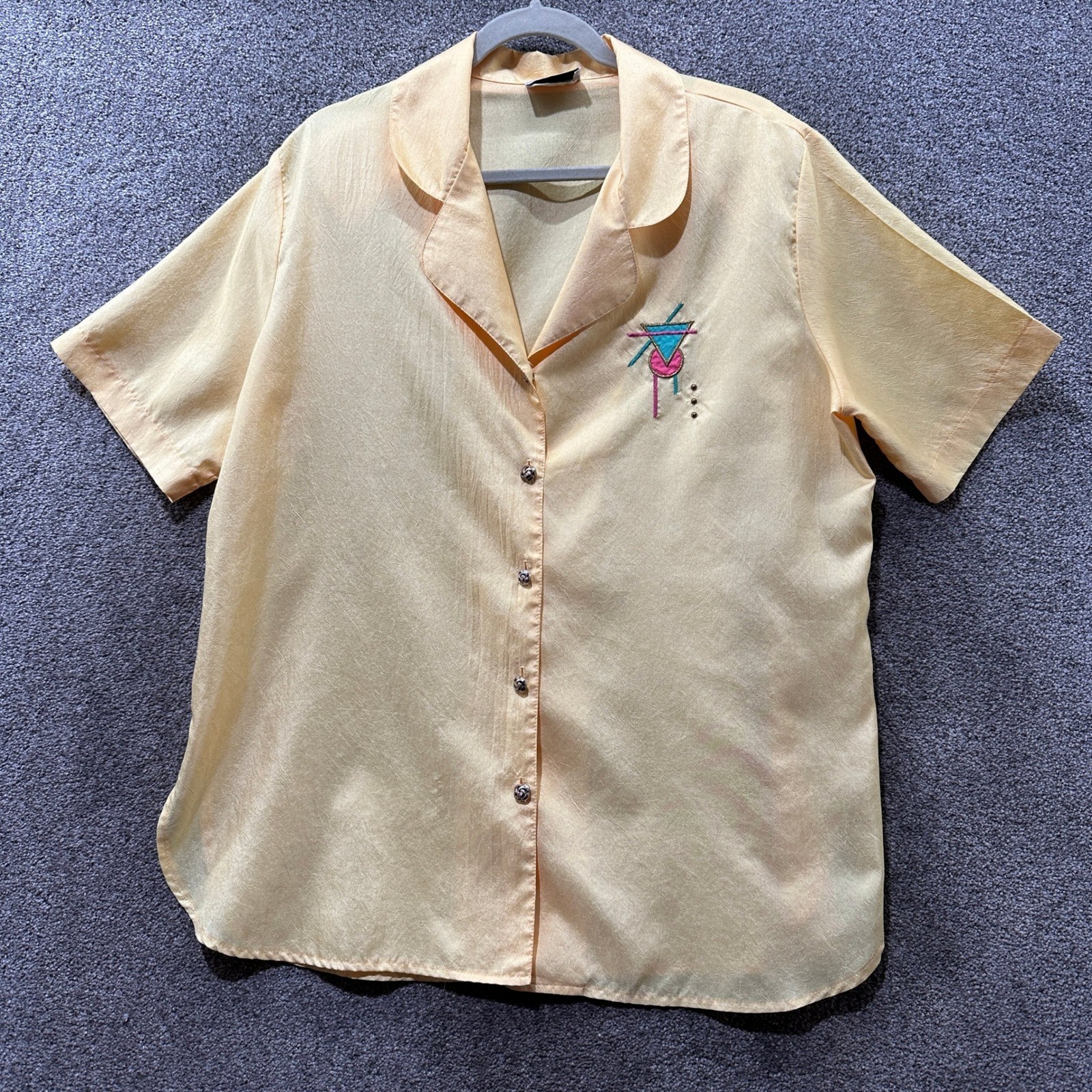 VTG 80s Park Place Button Up Blouse Top L Yellow Short Sleeve Embroidered