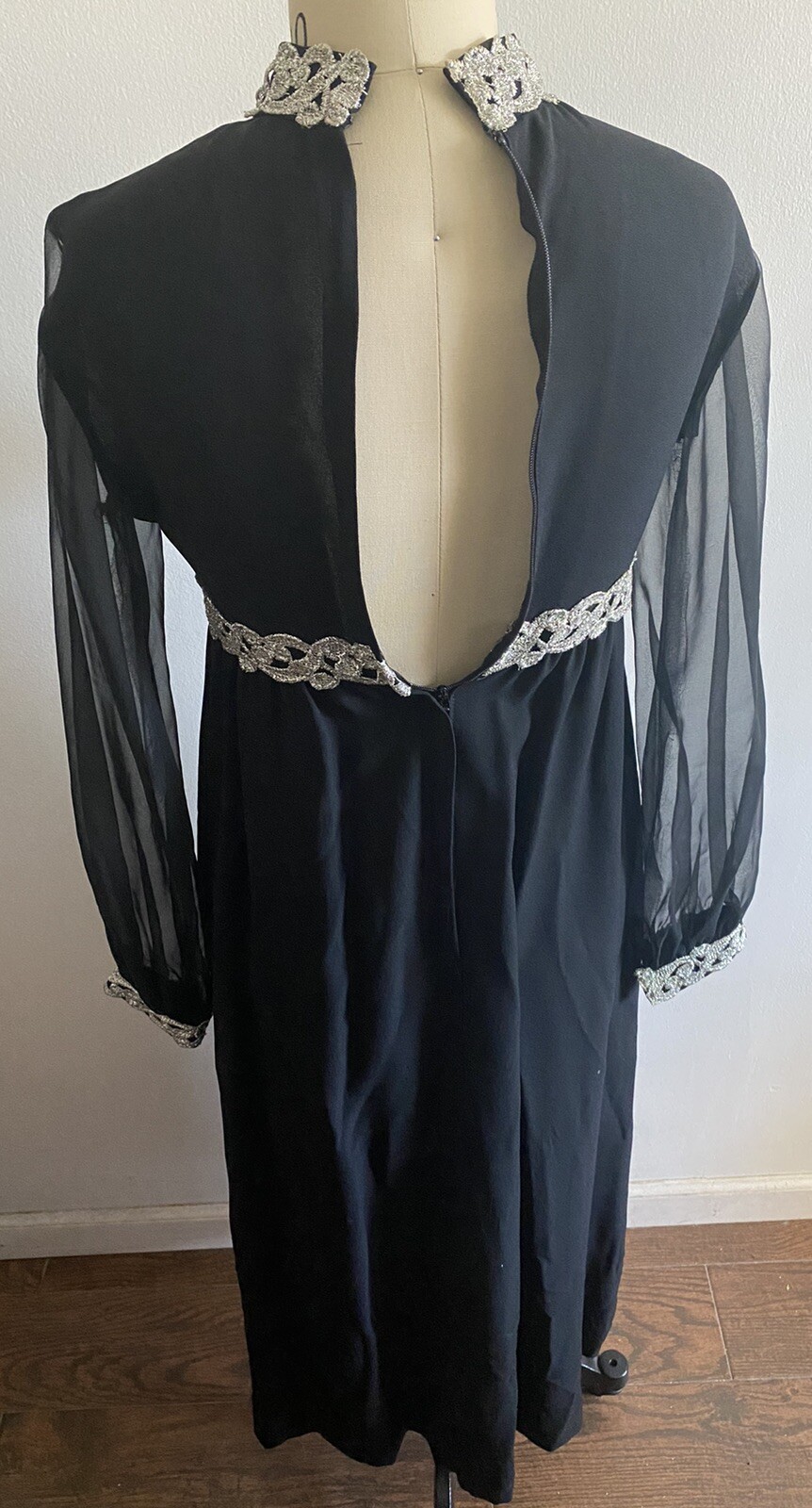 VTG Black Dress Silver Metallic Soutache Trim Sheer Sleeves Keyhole Neckline sz9