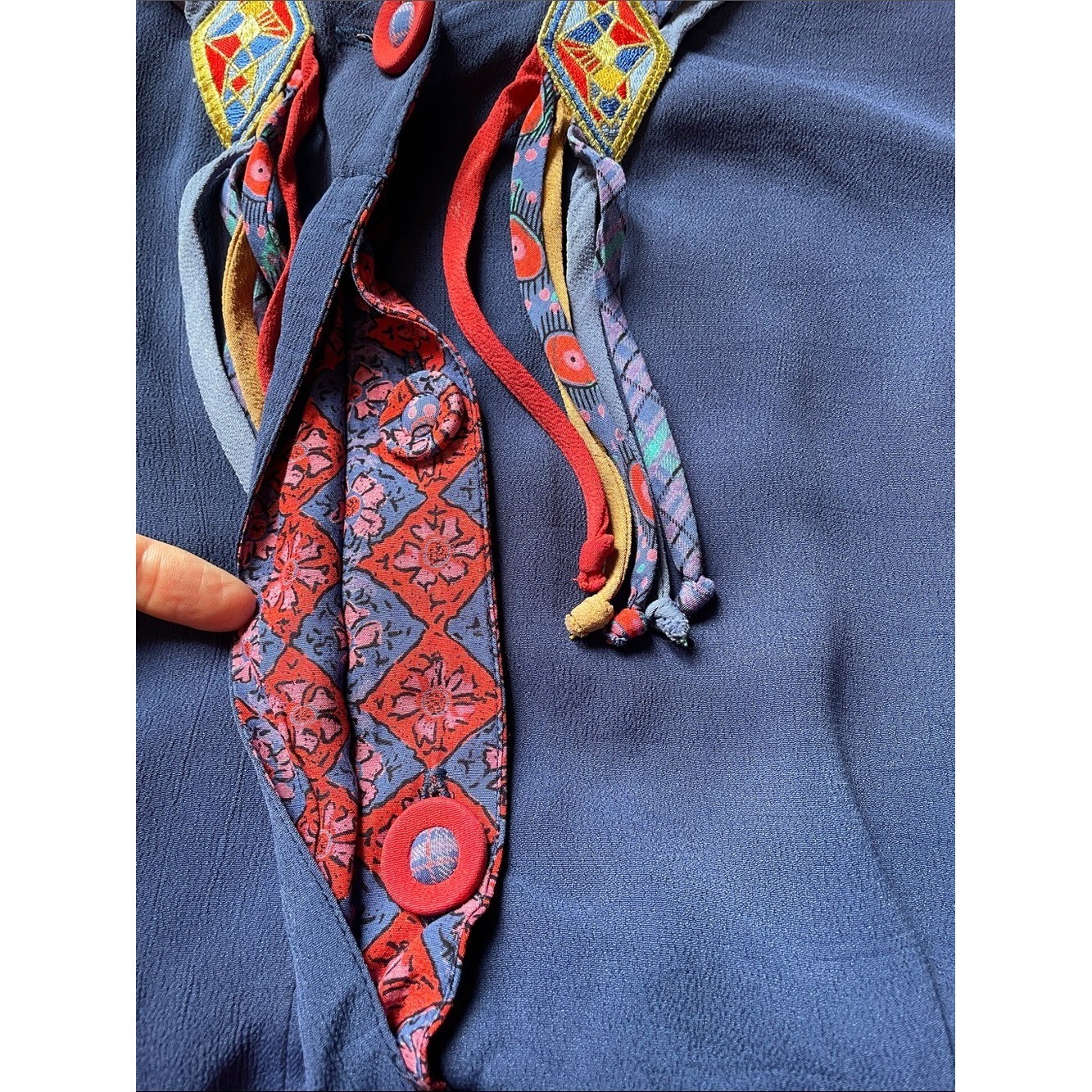Vintage Carole Little Navy Blue V-Neck Blouse with Multicolor Tassel Trim Sz M