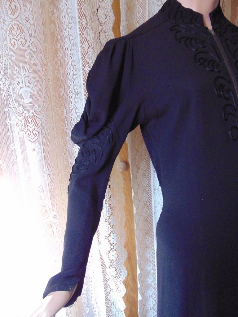 VTG 30s Black Crepe Dress Amazing Juliet Sleeves Soutache trim 36B has fade