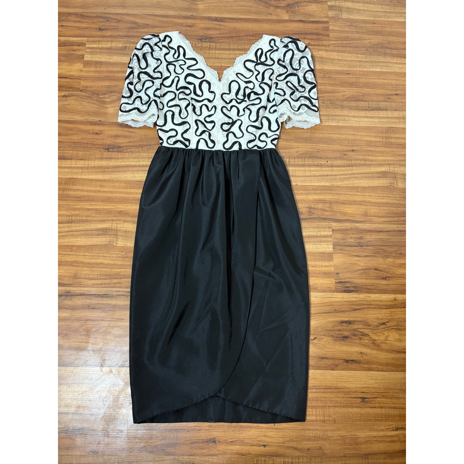 Small 1980s Vintage Black and White Lace Dress by Huey Waltzer for Darcy
