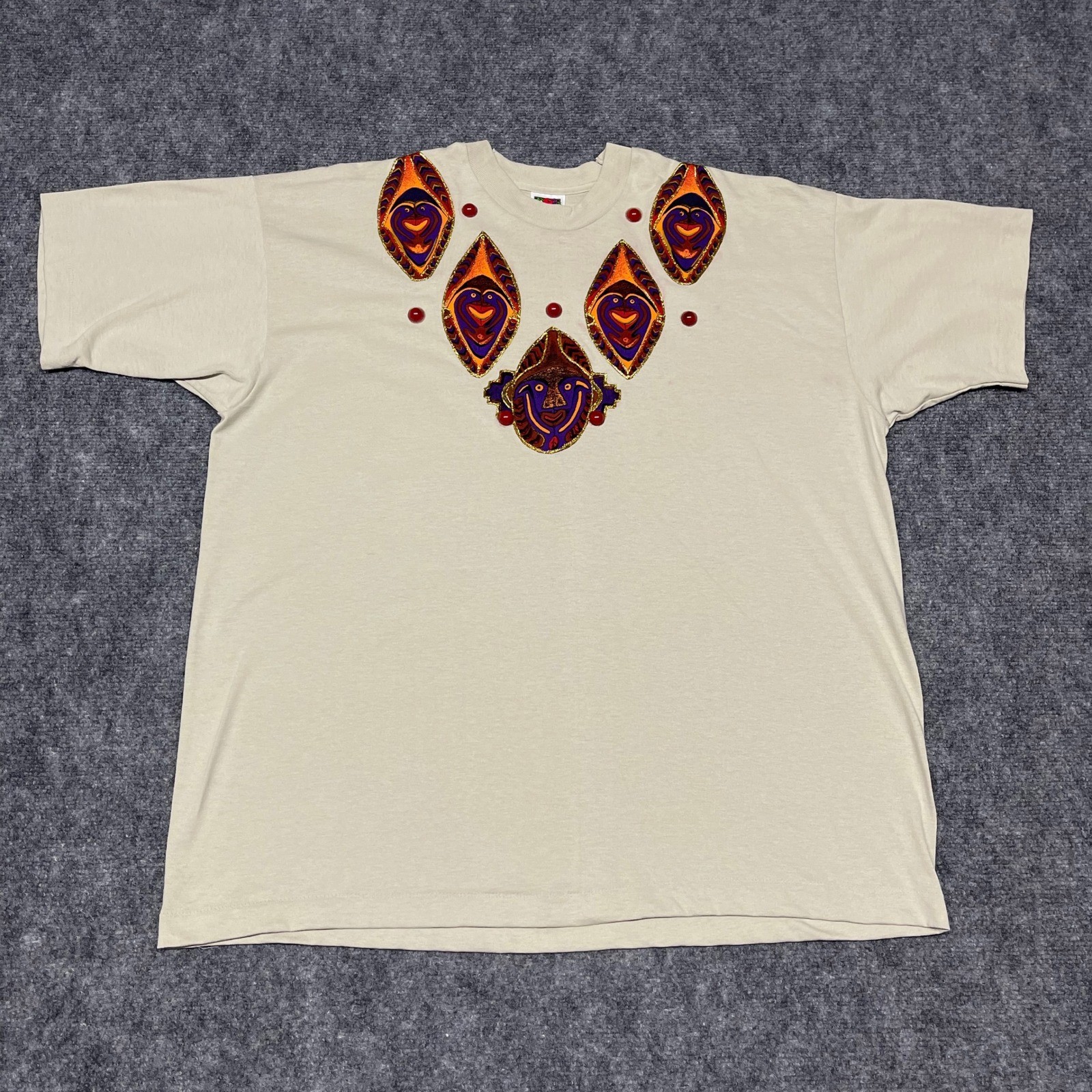 VTG FOTL T-Shirt Womens Tan Indigenous Tribal Mask Embellished XXL Made in USA