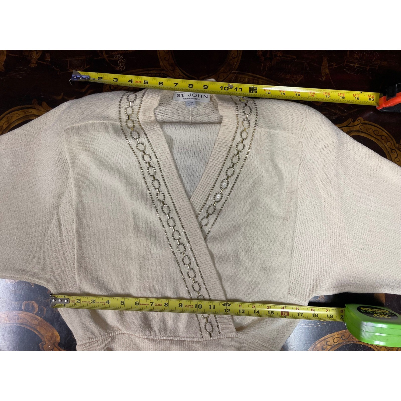 Vtg St. John Cream Beaded Faux Wrap Santana Knit Batwing Sleeve Sweater Retro M