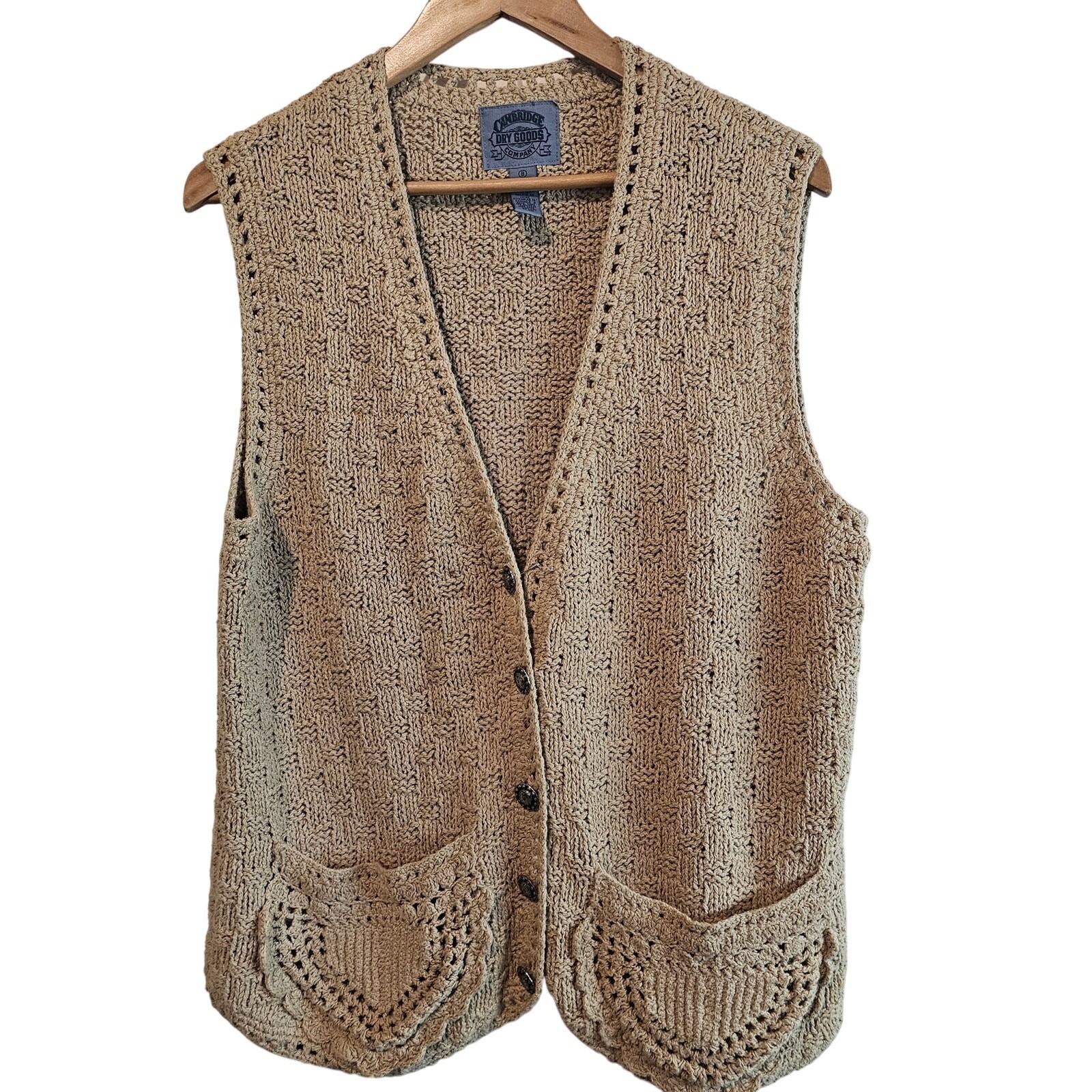 Vintage Cambridge Dry Goods Sweater Vest Women Lg Tan Floral 90s Crochet Cottage