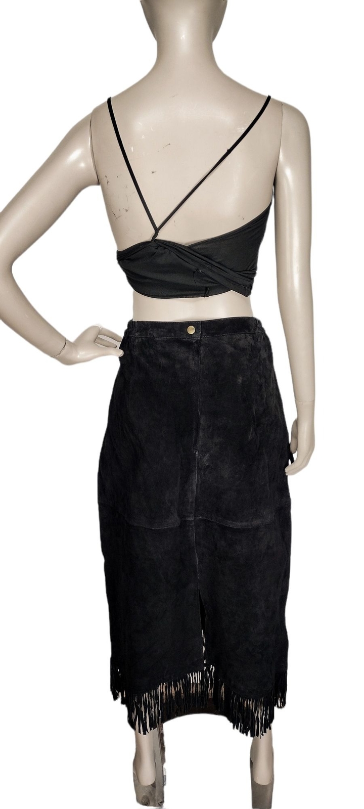 Vintage Boho Western Fringe Cowgirl Black Suede Full Length High-Waist Skirt
