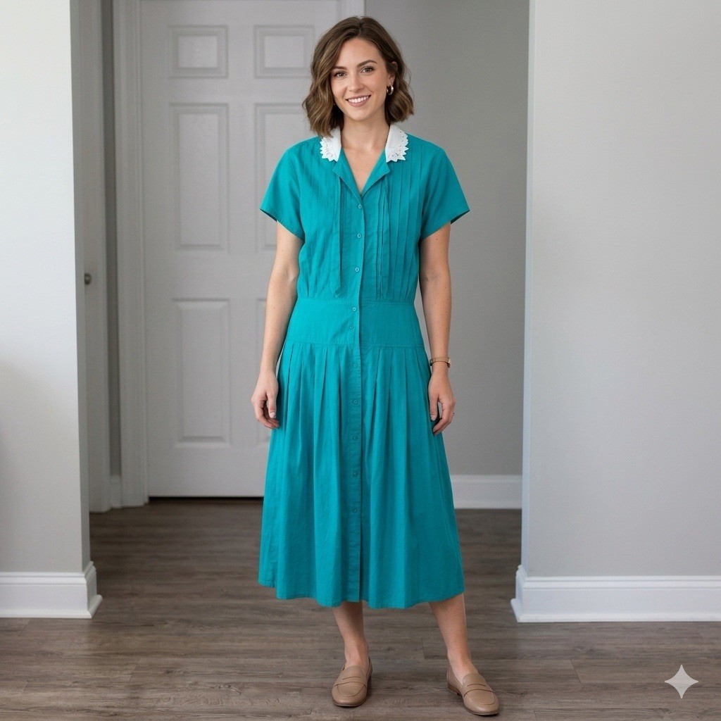 Vtg 80s Moonglow Teal Cotton Pleated Dress Lace Collar Timeless Rockabilly Med