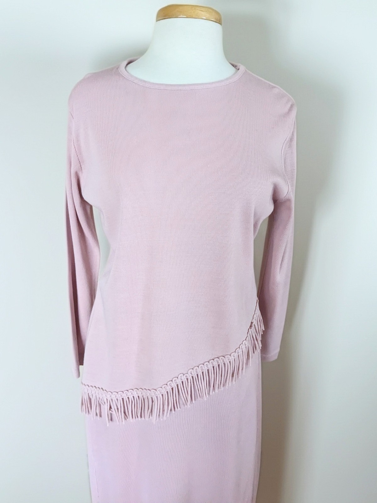 Vintage 1980s Dorby Lilac Pink Sweater Knit Set, Fringe Cowl Neck Top & Skirt