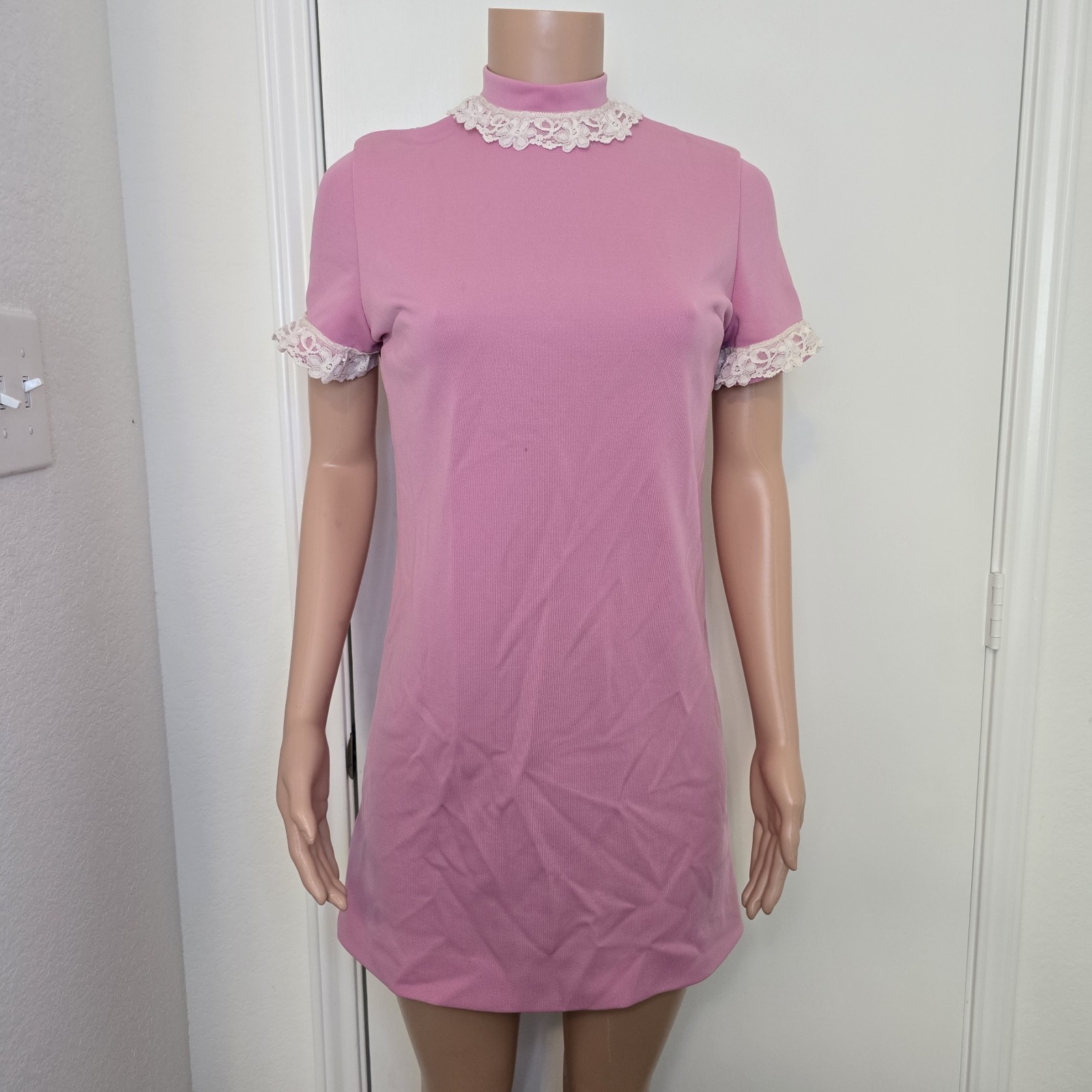 VTG 60s Mod Pastel Pink High Neck Dollcore Coquette Mini Dress Retro Feminine