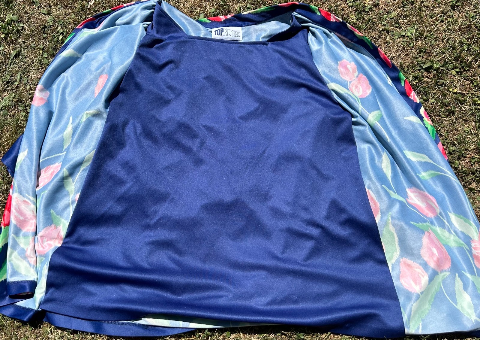 Vintage Top Notch Blue with Pink Flower Polyester Blouse 2x