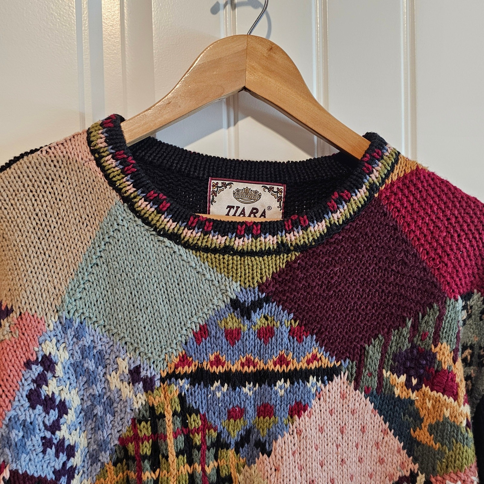 Vintage Tiara Sweater Womens Med Black Knit Floral Patchwork Cottage Grandmacore