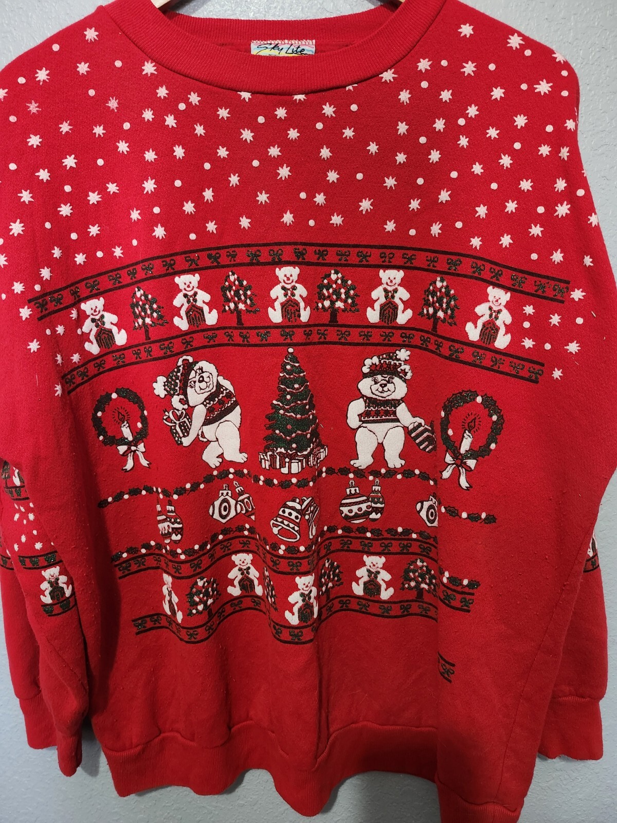 Vintage Sky Lite 80s Red Teddy Bear Christmas Crewneck Sweater Glitter Large USA