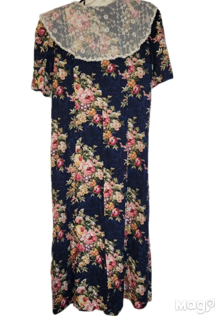 Vintage 80’s Floral Lisa II 14P Blue Modest Dress Retro Lace Collar Garden Party