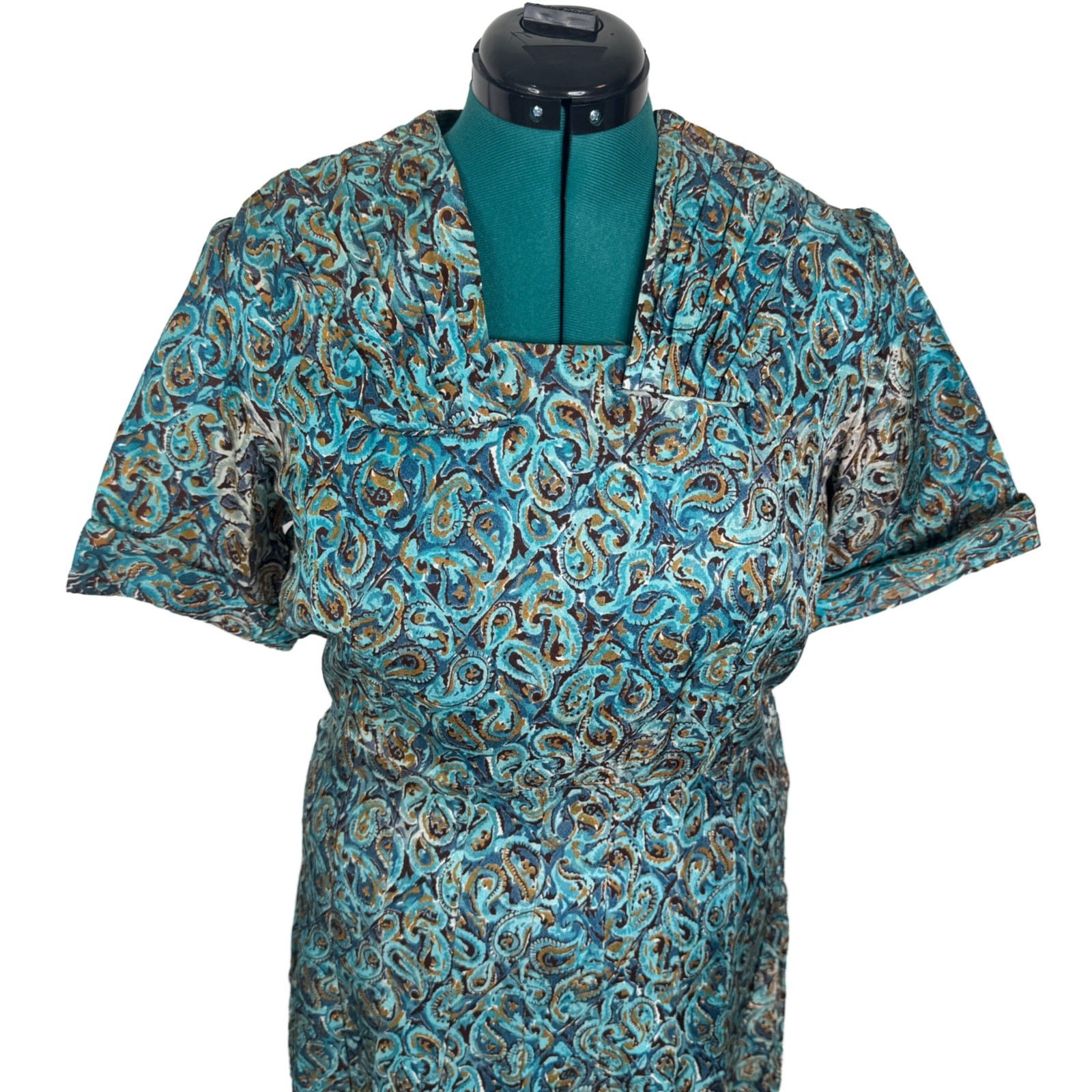 Vintage 1940s Clayton New York Rayon Print Dress Metal Zip Day Dress Swirl Print