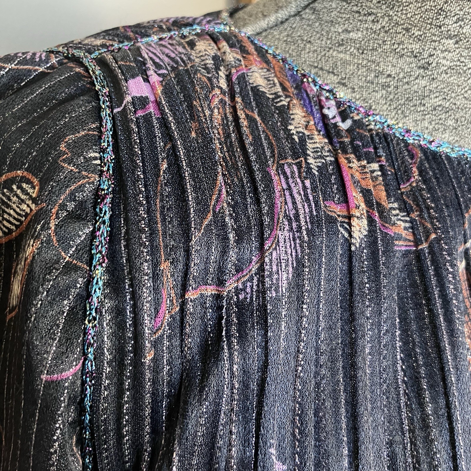 Sexy Vintage 70s Shimmery Sheet Black Dress With Metallic Braided Trim sz 8