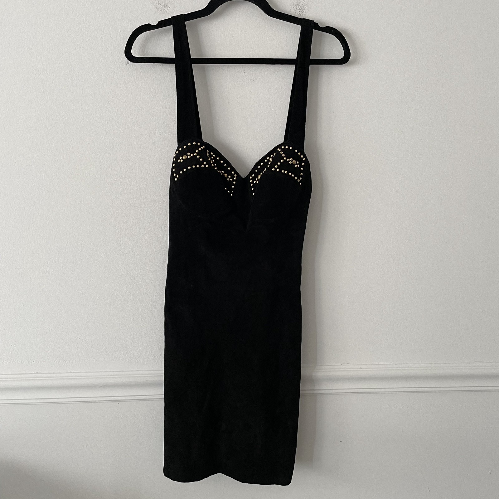 NWT VTG 90’s Firenze Santa Barbara Black Suede Leather Studded Mini Dress Size S