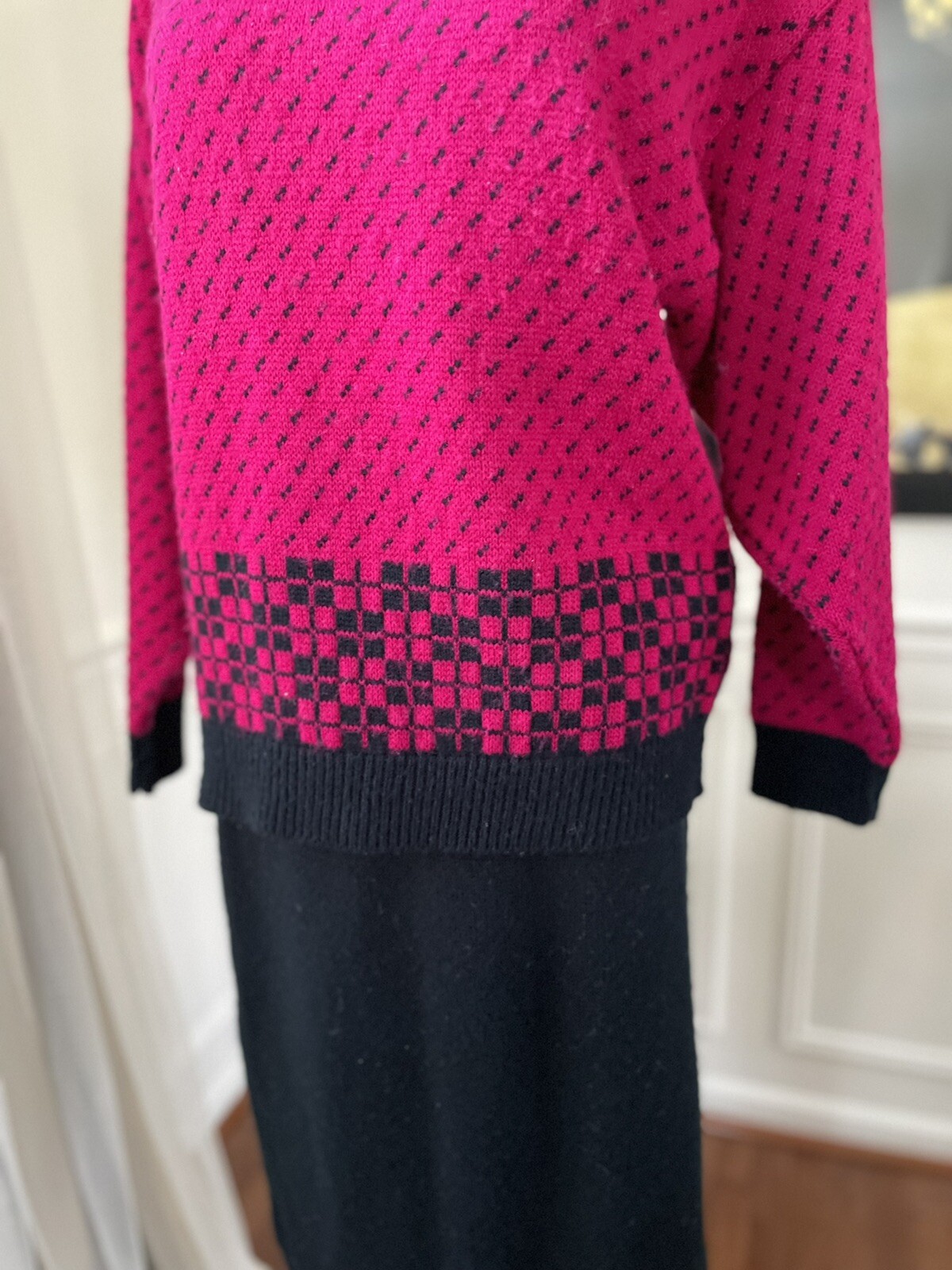 Vintage 80s Boundary Waters Outfit Sweater Skirt Set Fuchsia Black M