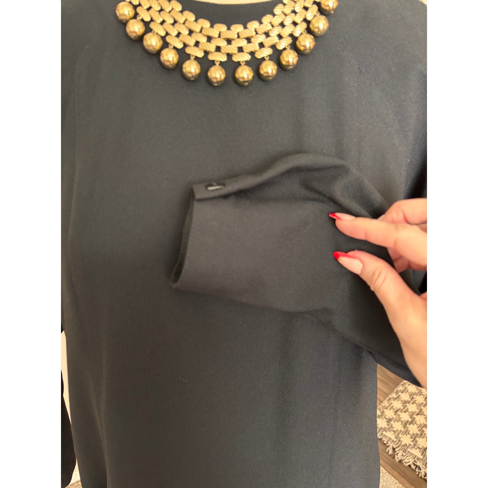 Liz Claiborne Vintage Button Back Shift Dress Womens 8 Black Long Sleeve Pockets