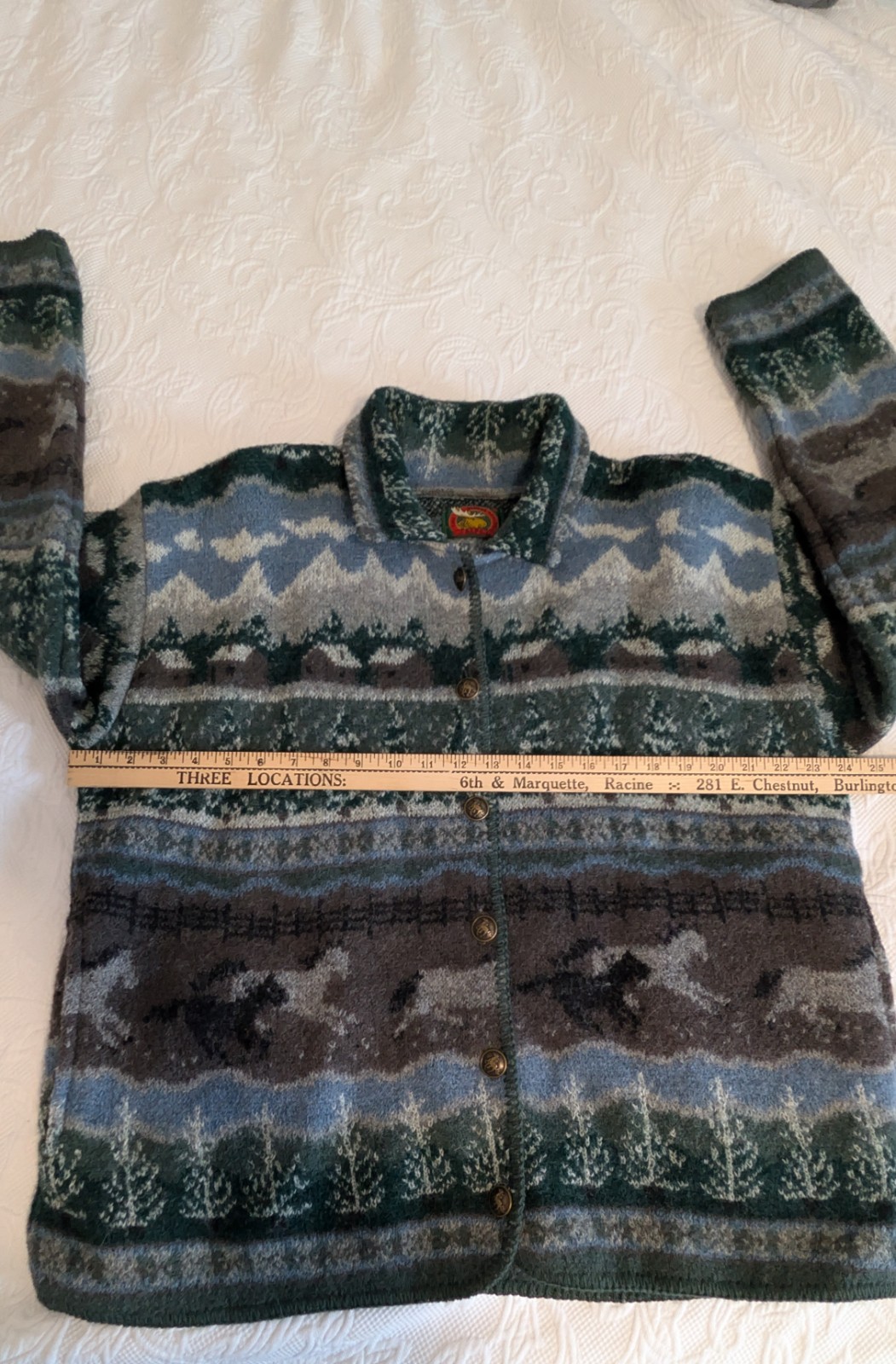 Vintage Alps 100% Wool Cardigan Sweater Women’s XL Mountain Scene Horse Cabin
