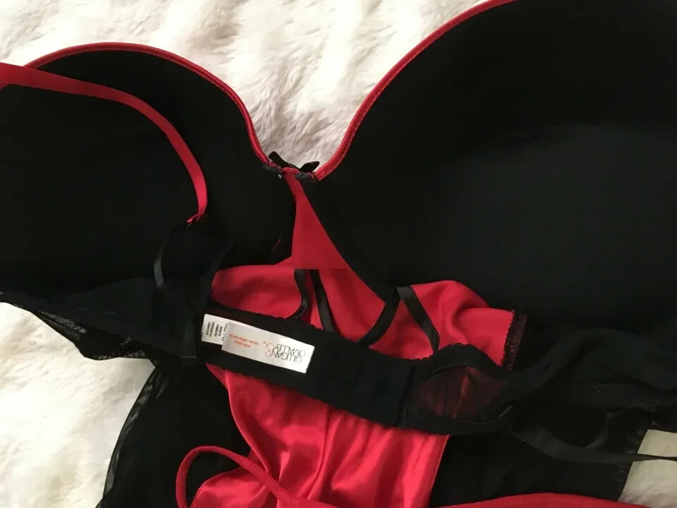 Vtg XL Red SATIN PADDED Babydoll Nightgown &G-STRING PANTY Set Lot 40 Lace Mesh