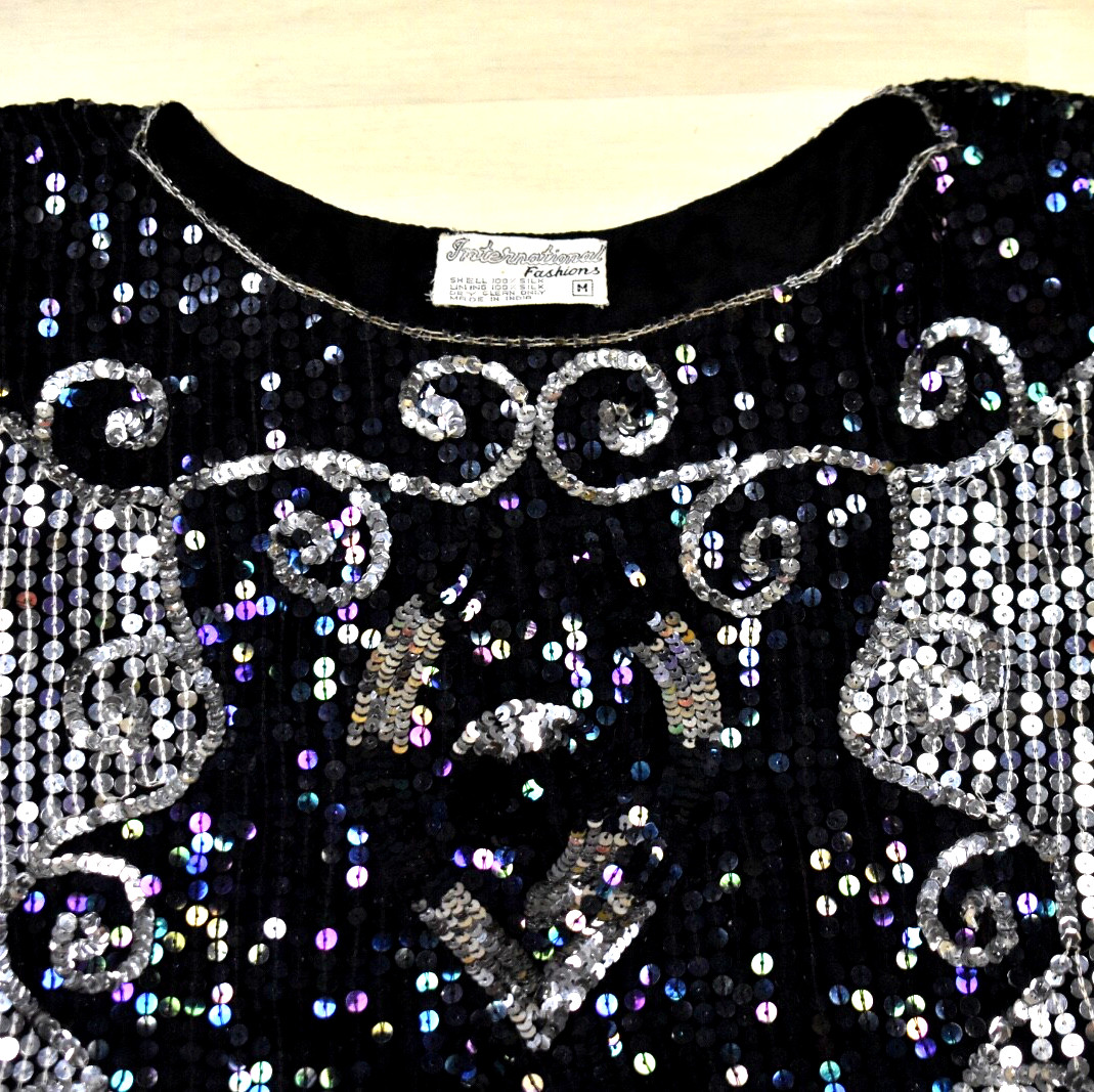 80s International Fashions Silk Sequin Blouse Art Deco Beaded Stage Medium VTG
