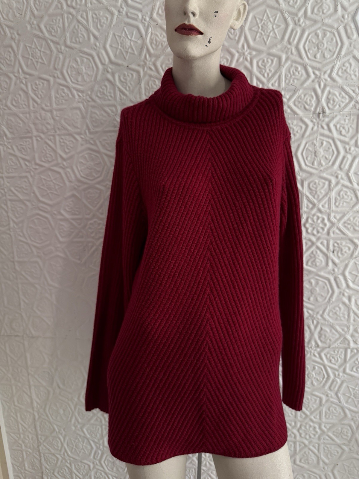 Eileen Fisher red pullover chevron knit sweater dress tunic oversized Small