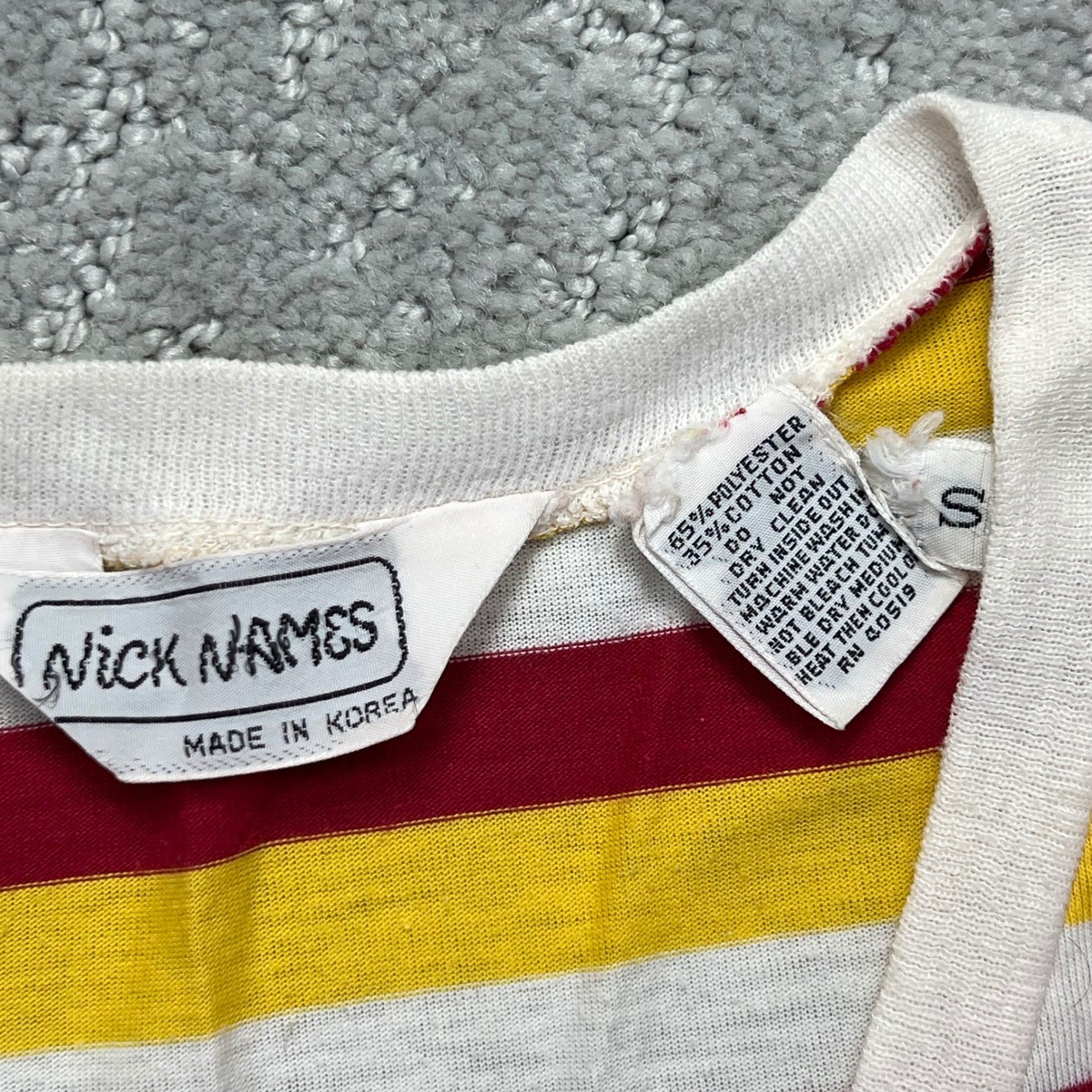 VINTAGE 80s Nick Names T-Shirt Womens Small Red Yellow White Striped V-Neck