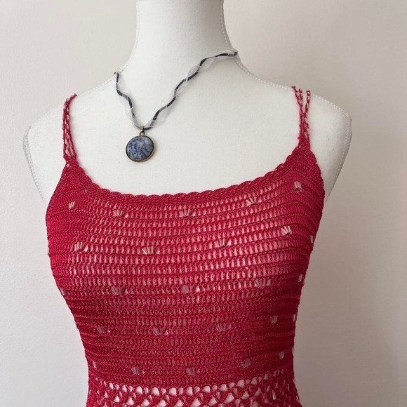 Vintage Festival Crochet Beaded Tank Top Womens Sz S Red fairycore rave